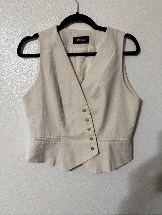 Cider Tops - Cider Cream Linen Blend Asymmetric Button Tailored Vest Top-Size L